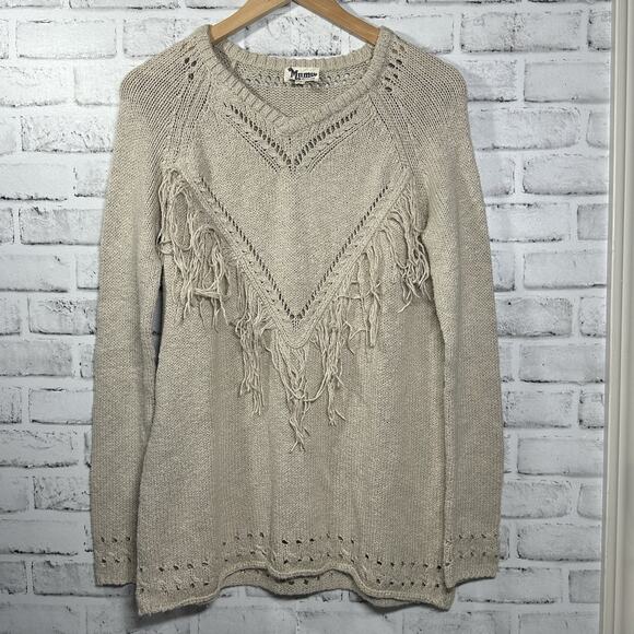 Neutral Show Me Your Mumu Hippie Boho Cottagecore Cozy Knit Fringe Sweater Sz M - Picture 1 of 10